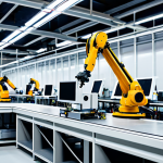 **

"A modern, safe for work factory interior showcasing advanced automation and robotic arms assembling electronics. Workers in appropriate attire are monitoring the process via data dashboards. Bright, clean environment. Focus on efficiency and technology, fully clothed, perfect anatomy, professional setting, appropriate content, high quality."

**