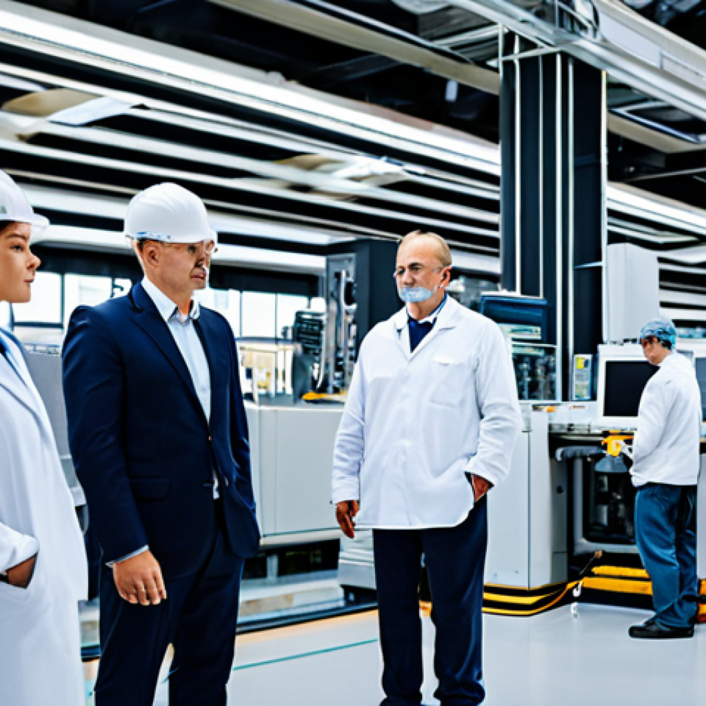 **Prompt:** A modern factory interior with automated systems and workers in professional attire monitoring the process, showcasing advanced technology, perfect anatomy, correct proportions, natural pose, professional, safe for work, appropriate content, fully clothed, family-friendly.