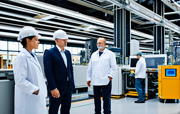 **Prompt:** A modern factory interior with automated systems and workers in professional attire monitoring the process, showcasing advanced technology, perfect anatomy, correct proportions, natural pose, professional, safe for work, appropriate content, fully clothed, family-friendly.