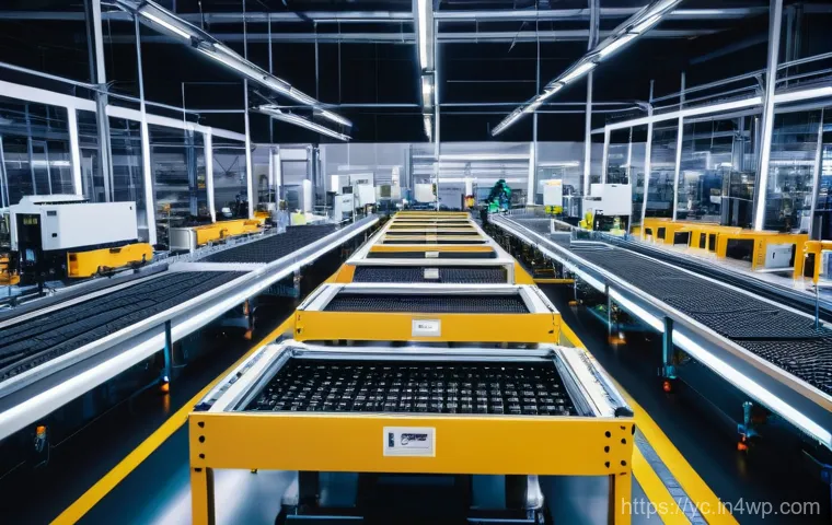 리쇼어링의 운영 효율성 개선 방안 - A high-tech, brightly lit smart factory interior. Advanced robotic arms are meticulously assembling ...