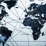 Home 17 리쇼어링과 공급망 안정성 강화 - A chaotic and tangled global supply chain network is depicted across a world map, with broken lines ...