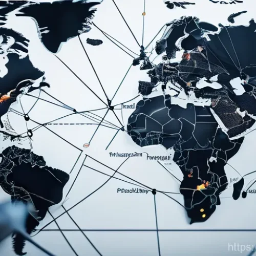 Home 29 리쇼어링과 공급망 안정성 강화 - A chaotic and tangled global supply chain network is depicted across a world map, with broken lines ...