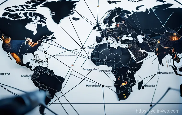 리쇼어링과 공급망 안정성 강화 - A chaotic and tangled global supply chain network is depicted across a world map, with broken lines ...