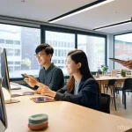 Home 16 리쇼어링의 지속 가능한 발전 가능성 - A dynamic scene inside a modern, brightly lit office or studio in a revitalized regional city. Sever...