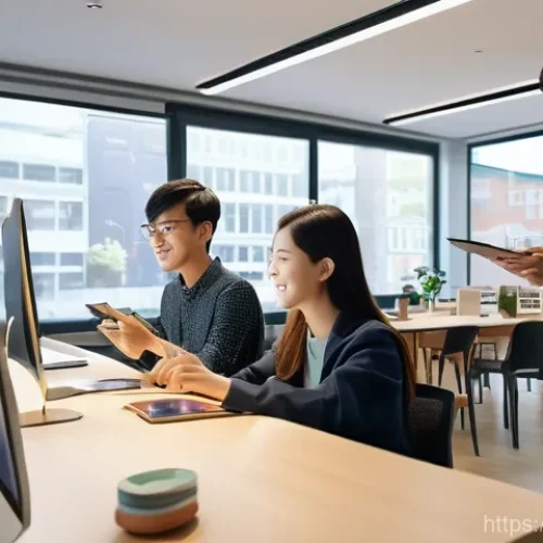 Home 28 리쇼어링의 지속 가능한 발전 가능성 - A dynamic scene inside a modern, brightly lit office or studio in a revitalized regional city. Sever...
