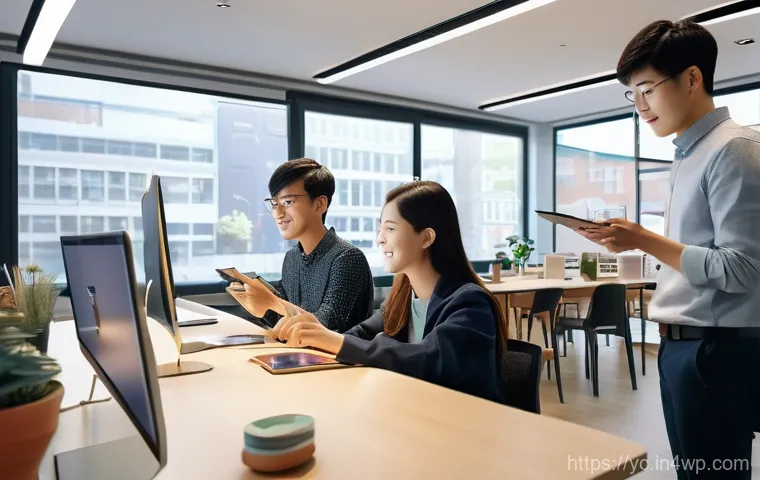리쇼어링의 지속 가능한 발전 가능성 - A dynamic scene inside a modern, brightly lit office or studio in a revitalized regional city. Sever...