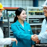 Home 15 리쇼어링의 법적 고려 사항 - A vibrant, modern Korean factory interior, brightly lit and clean, showcasing advanced machinery ope...