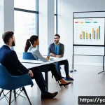 Home 14 리쇼어링 성공을 위한 리더십 전략 - A modern corporate town hall meeting scene showing a diverse group of employees attentively listenin...