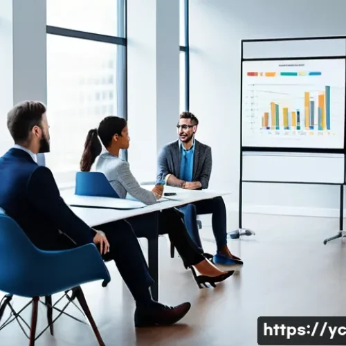 Home 26 리쇼어링 성공을 위한 리더십 전략 - A modern corporate town hall meeting scene showing a diverse group of employees attentively listenin...