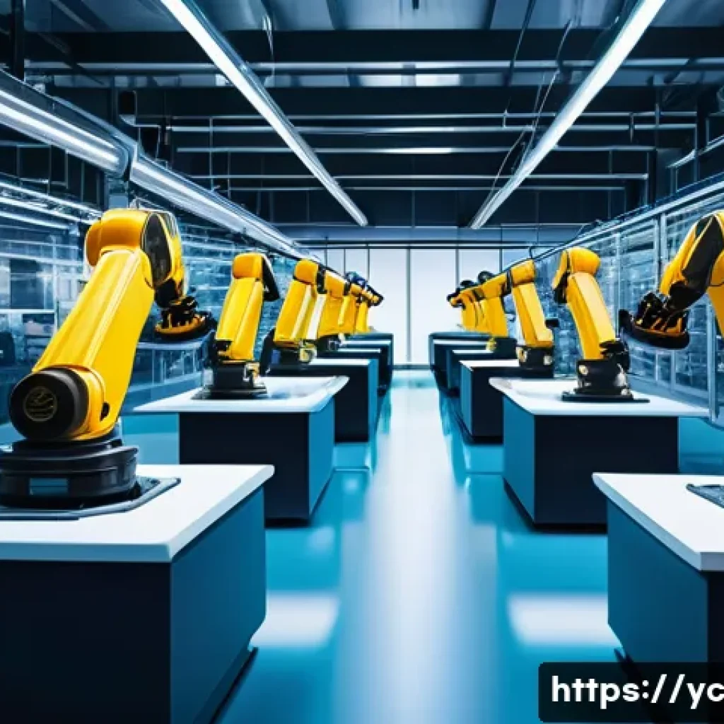 리쇼어링의 성공 전략 분석 - A modern high-tech smart factory interior showcasing advanced automation and AI-driven production li...