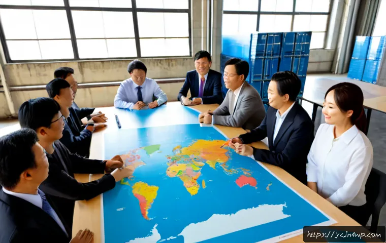 Home 17 리쇼어링의 글로벌 협력 모델 - Photorealistic global reshoring collaboration scene, diverse manufacturing executives and supply-cha...